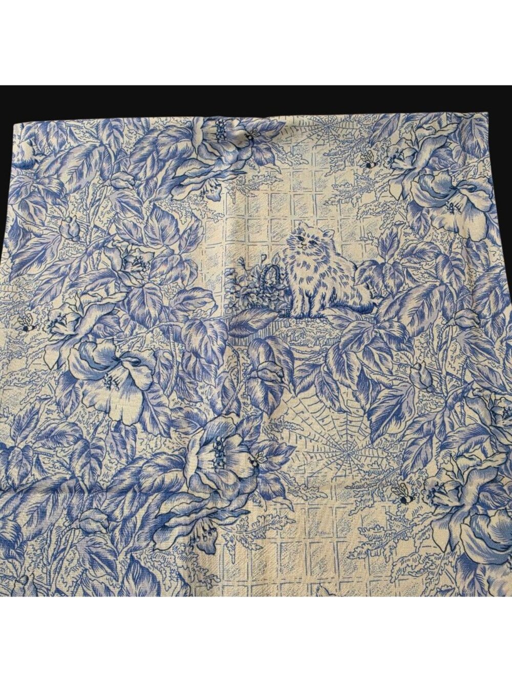 Vtg RJR Fabrics WILLOW MEWS Cat Toile Blue Cream Cotton Fabric Judy Sabanek 1 Yd